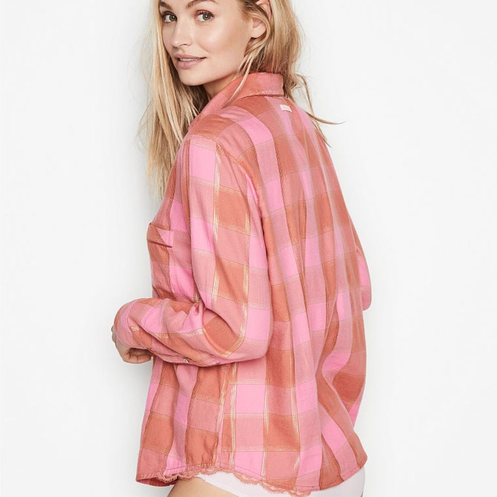 VICTORIA'S SECRET XS Flannel Top Plaid Pink w/ Gold Metallic NWT - Picture 1 of 16